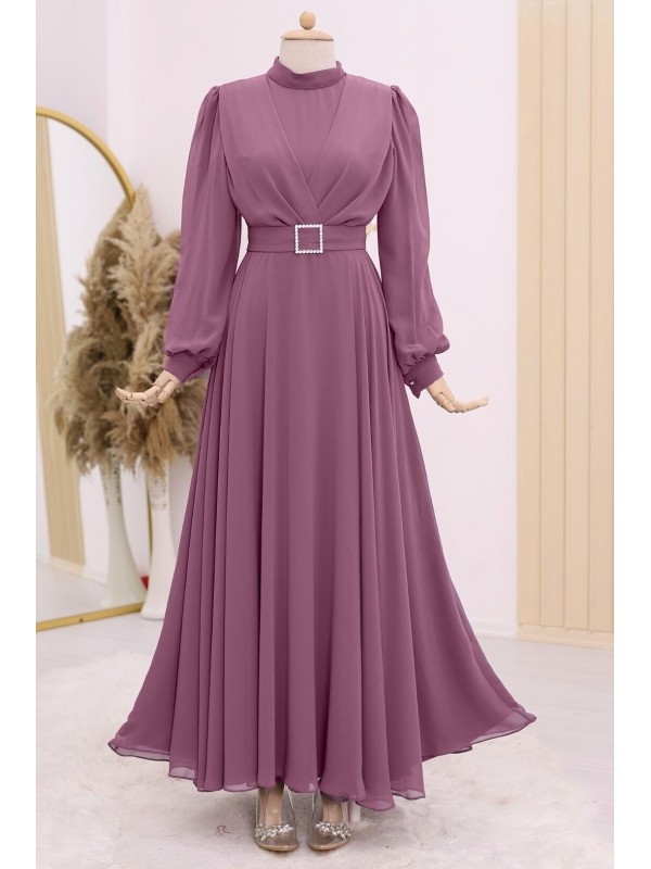 Kemeri Taşlı Önü Pileli Tesettür Elbise  -G.Kurusu