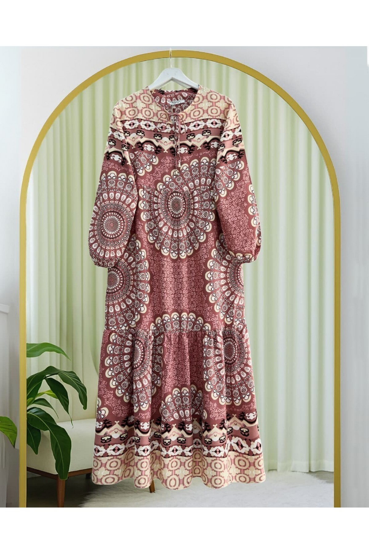 Parçalı Deseli Bağcıklı Kolu Lastikli Elbise  -G.Kurusu