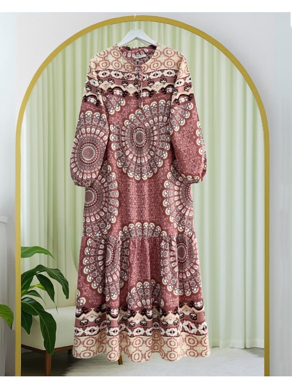 Parçalı Deseli Bağcıklı Kolu Lastikli Elbise  -G.Kurusu