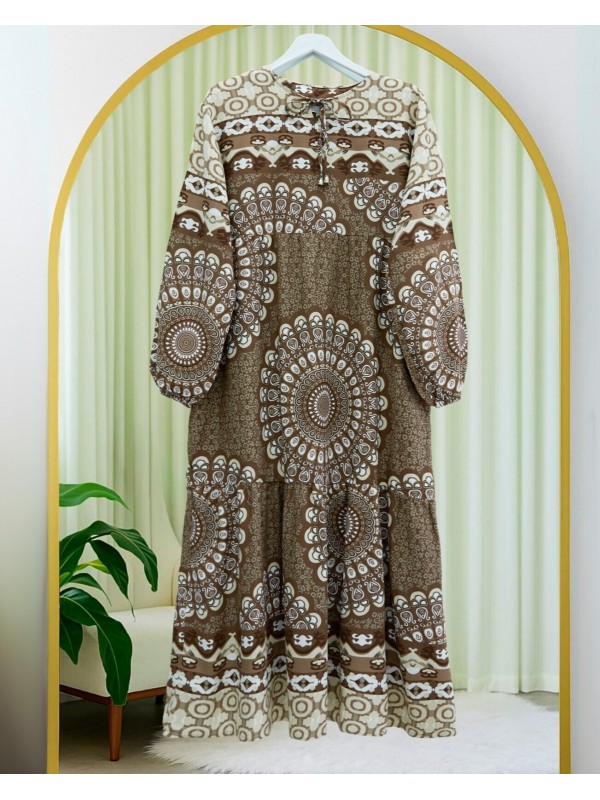 Parçalı Deseli Bağcıklı Kolu Lastikli Elbise  -Kahve