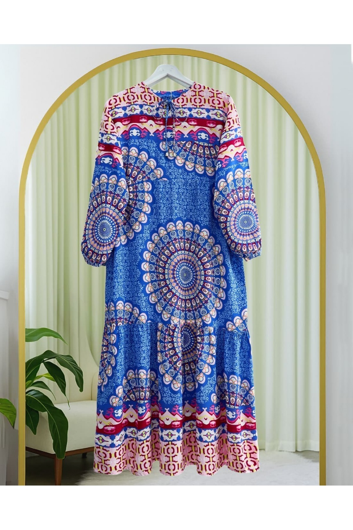 Parçalı Deseli Bağcıklı Kolu Lastikli Elbise  -Mavi