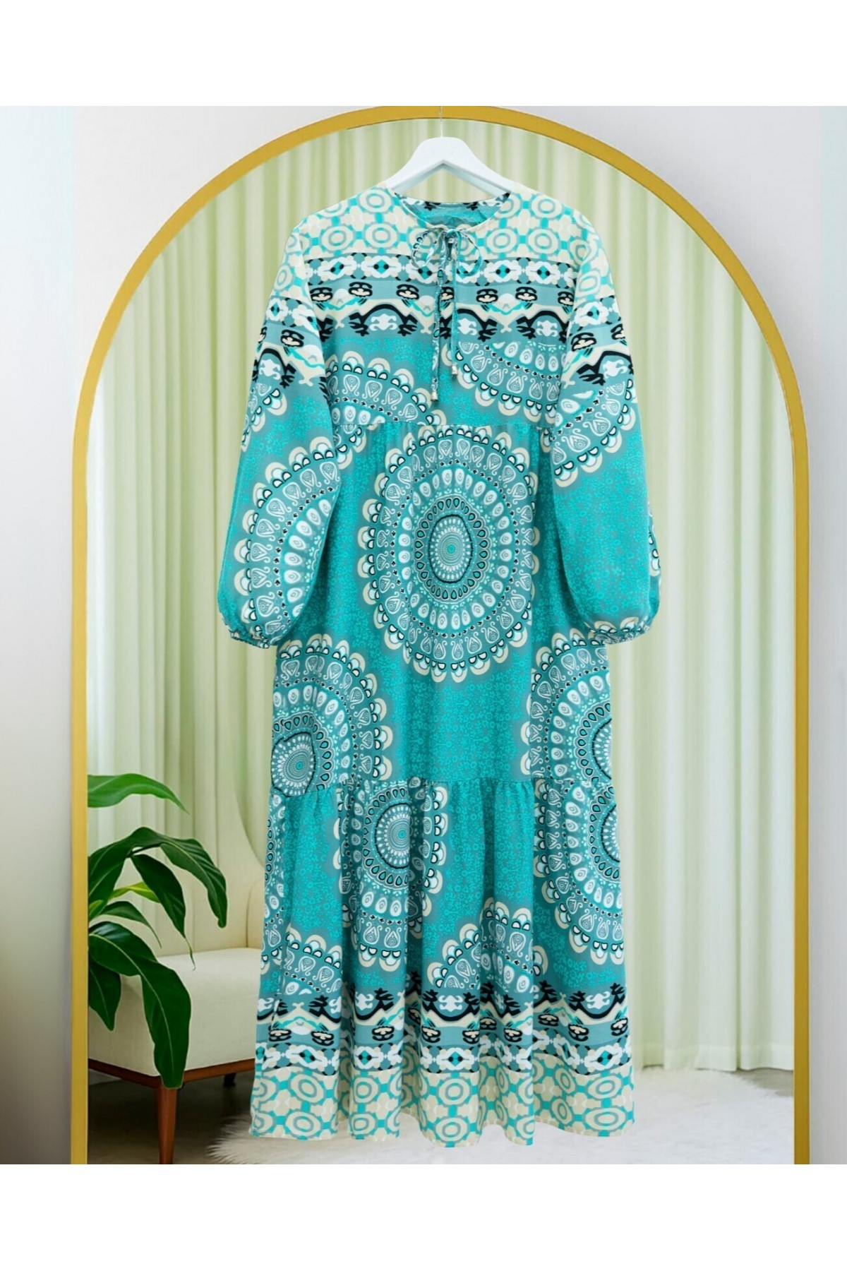 Parçalı Deseli Bağcıklı Kolu Lastikli Elbise  -Mint