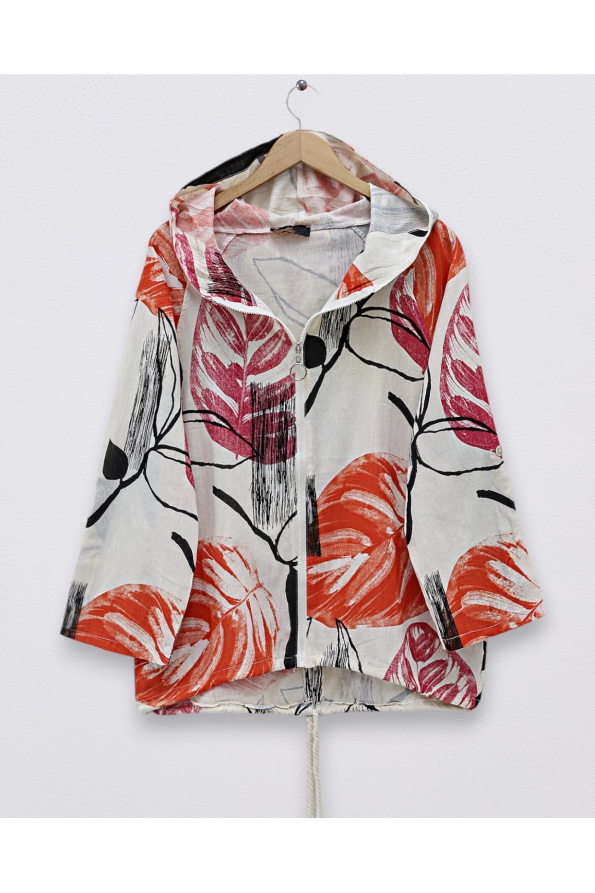 Desenli Fermuarlı Sabit Kapşonlu Keten Ceket -Turuncu