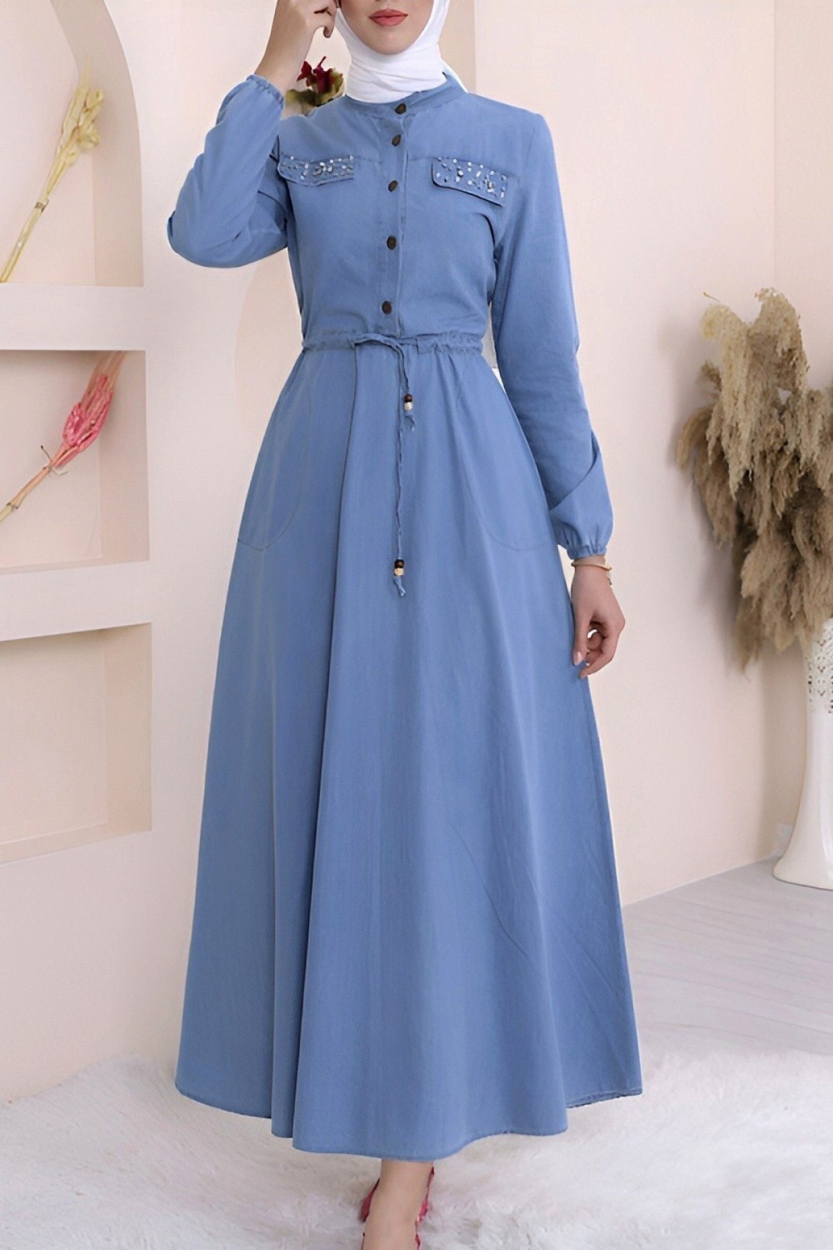 İnci Detaylı Tünel Bağcıklı Uzun  Kot Elbise -Buz Mavi
