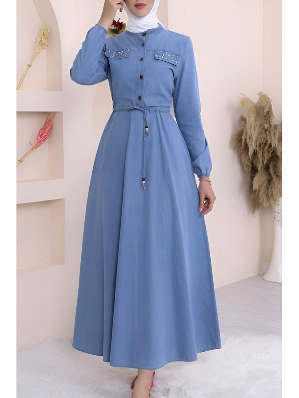 İnci Detaylı Tünel Bağcıklı Uzun  Kot Elbise -Buz Mavi