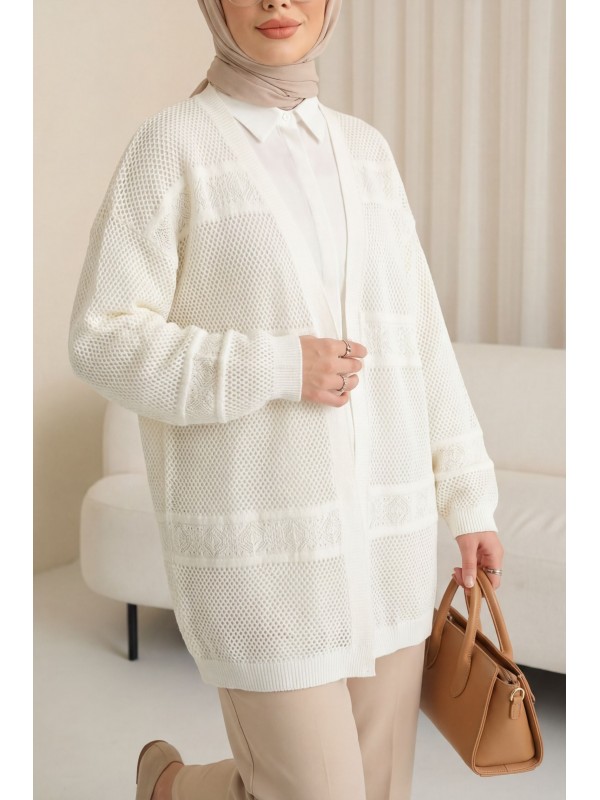 Desenli Ajurlu Triko Hırka   -Ekru