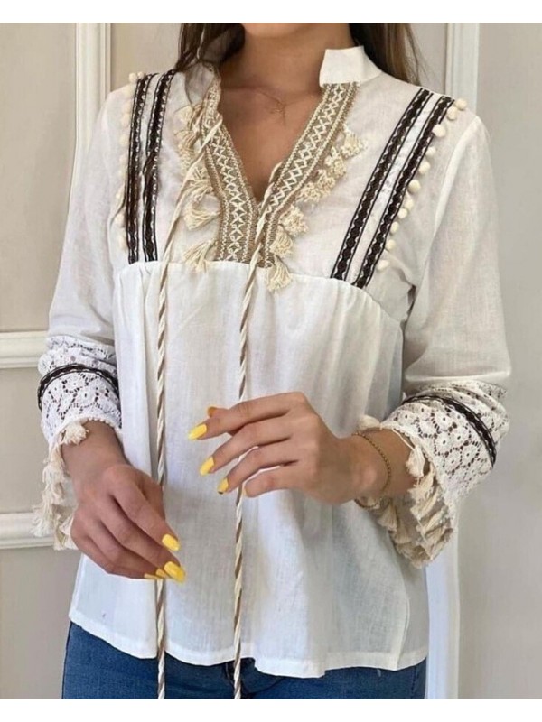 Yakası Bağcıklı Kolu Dantelli Püsküllü Bluz -Beyaz