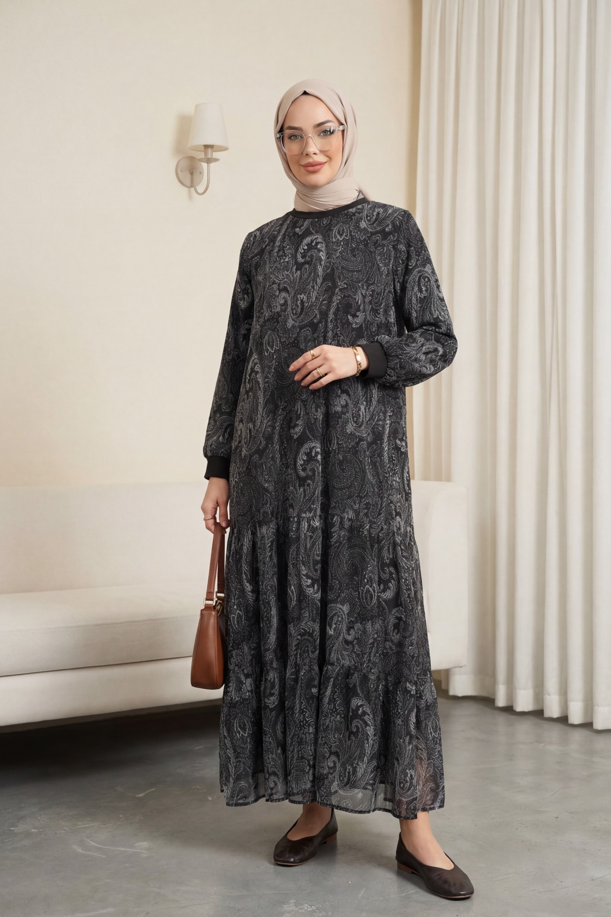 Etnik Desen Eteği Parçalı Astarlı Şifon Elbise  -Antrasit