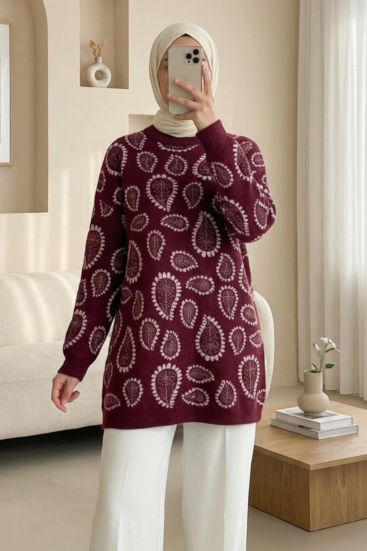 Dik Yaka Damla Desenli Sakallı Salaş Triko Kazak  -Pembe