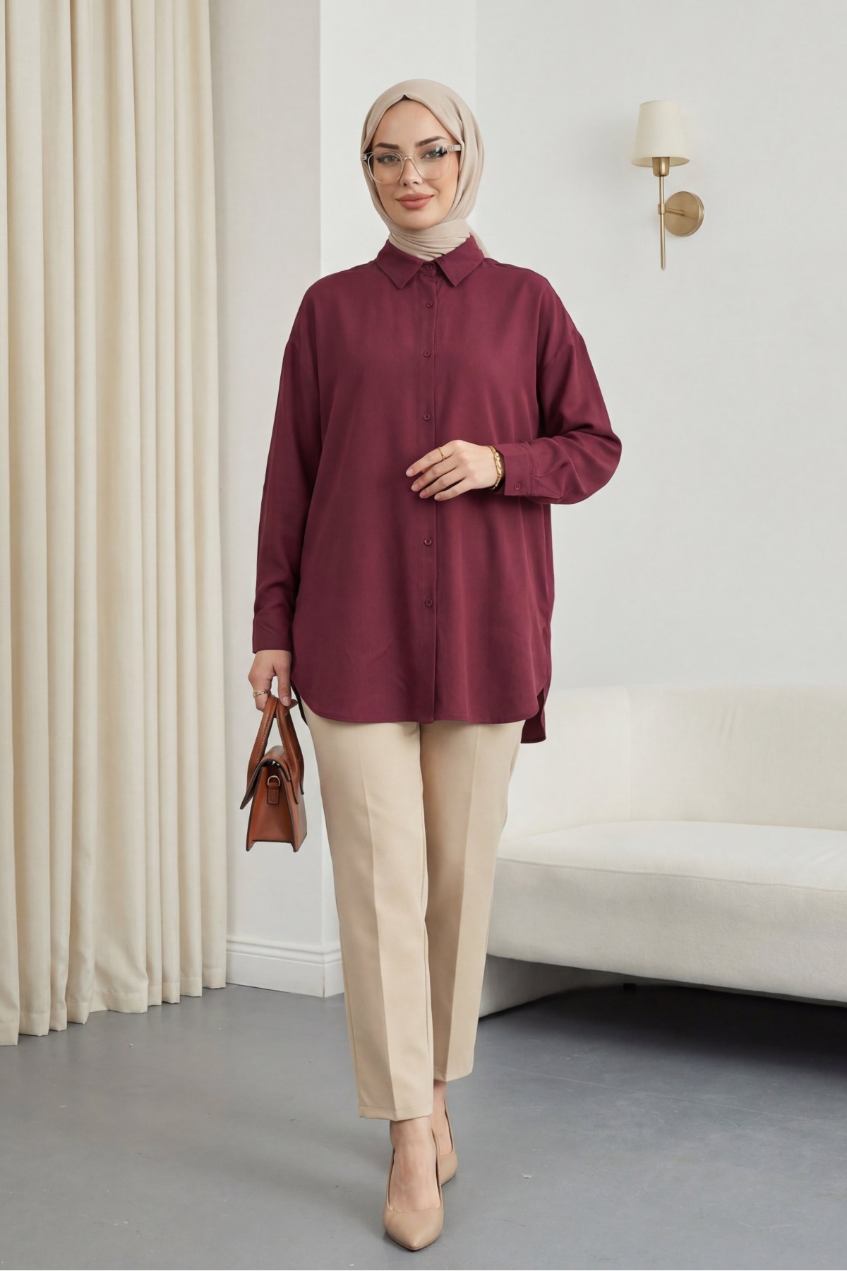 Düğmeli Salaş Viskon Gömlek -Bordo
