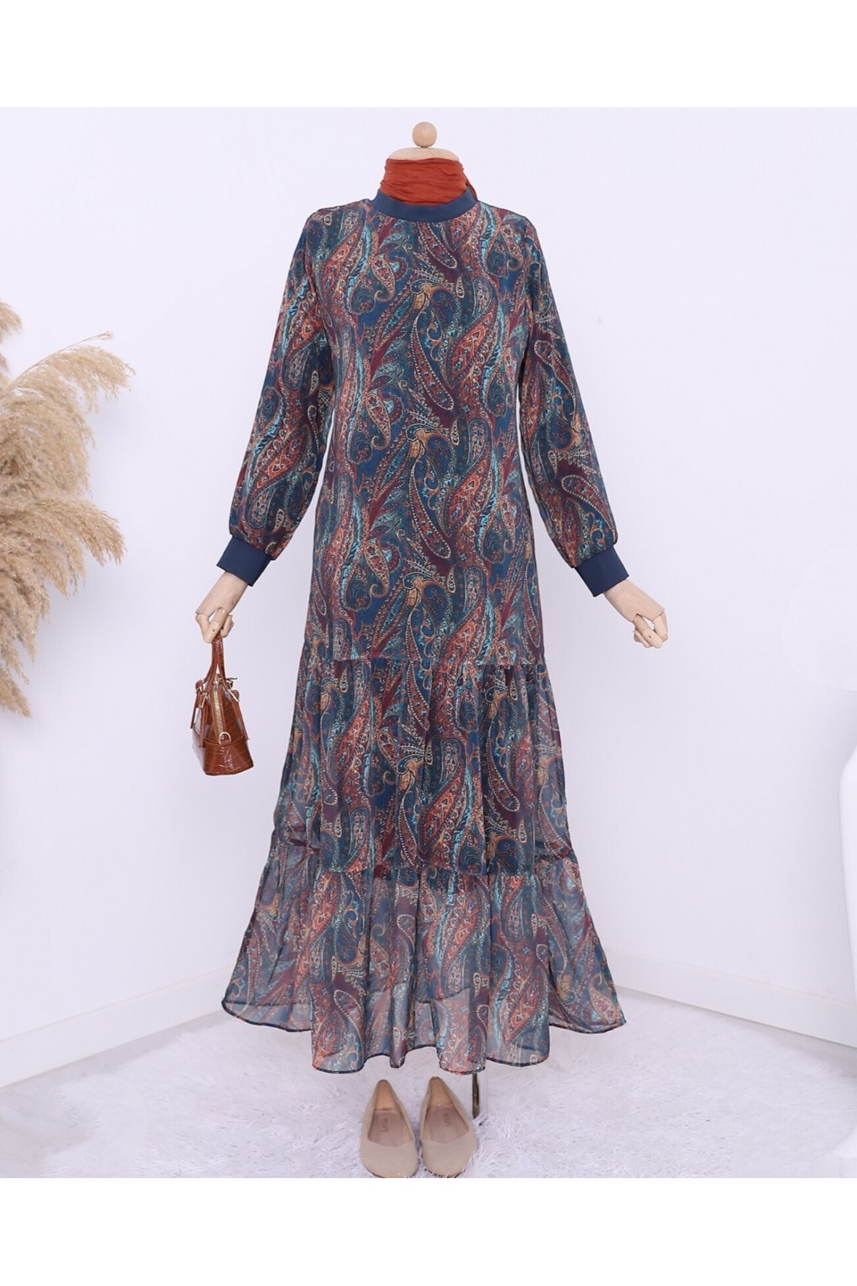 Etnik Desen Eteği Parçalı Astarlı Şifon Elbise -Zümrüt