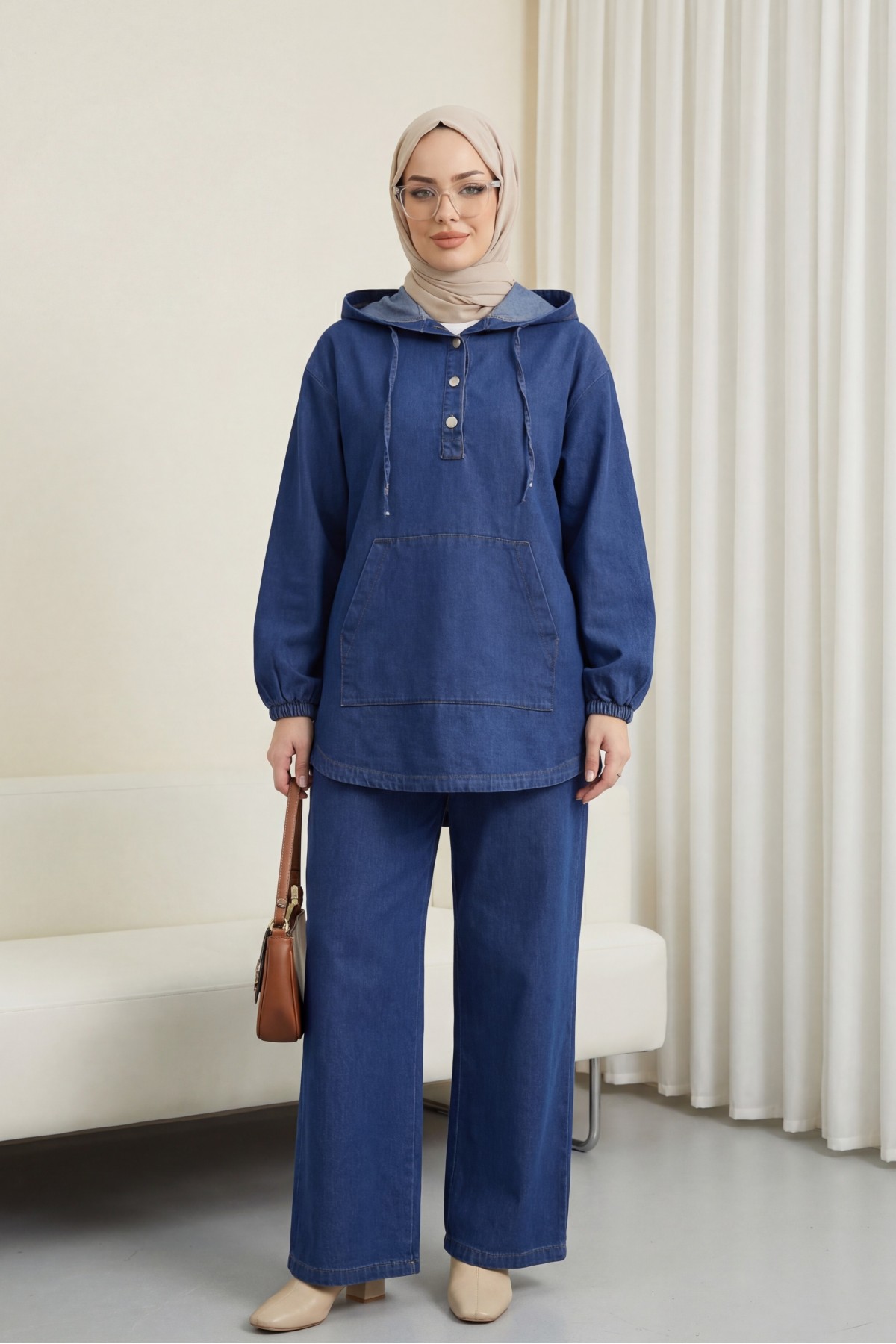 Kapşonlu Yarım Düğmeli Kanguru Cepli Kot Takım -İndigo