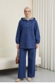Kapşonlu Yarım Düğmeli Kanguru Cepli Kot Takım -İndigo