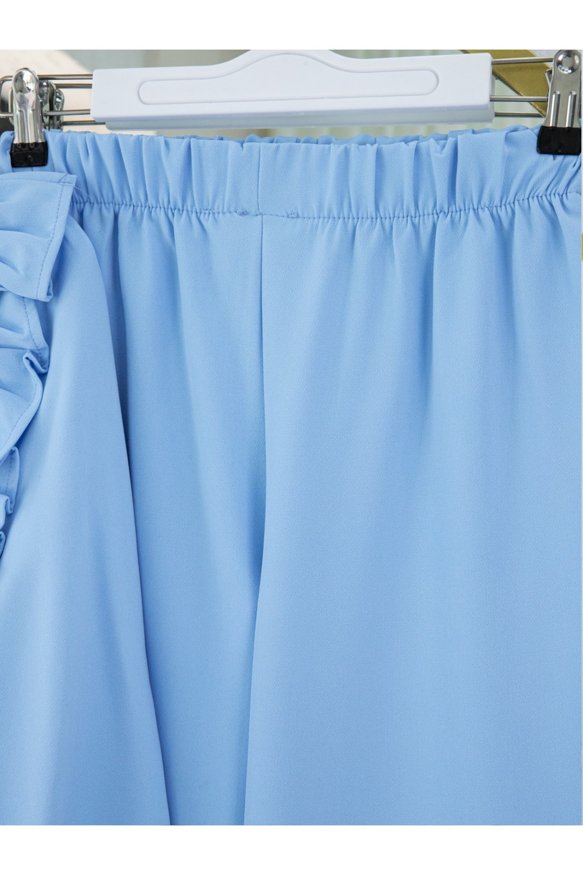 Önü Fırfırlı Bağcıklı Eteği Katlı Pantolonlu Kimono Takım    -Bebe Mavi