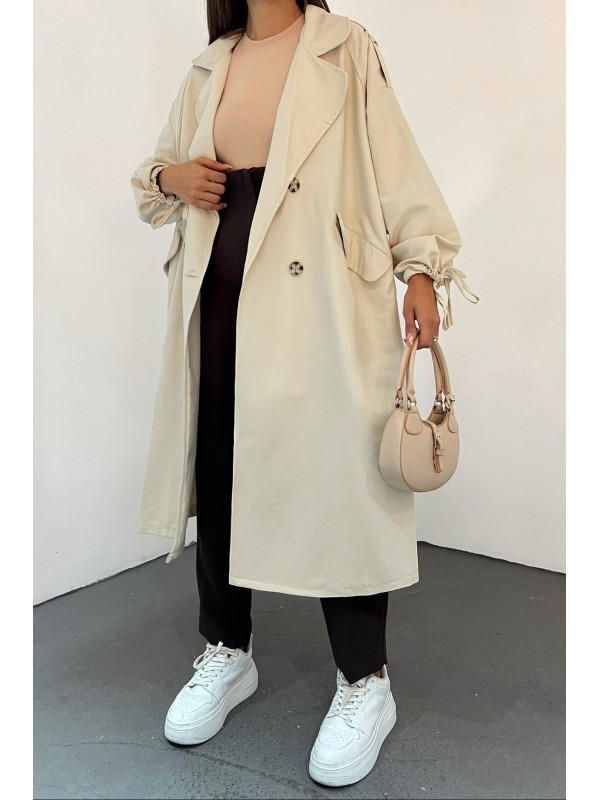 Kapaklı Cepli Kolu Bağcıklı Trençkot -Taş