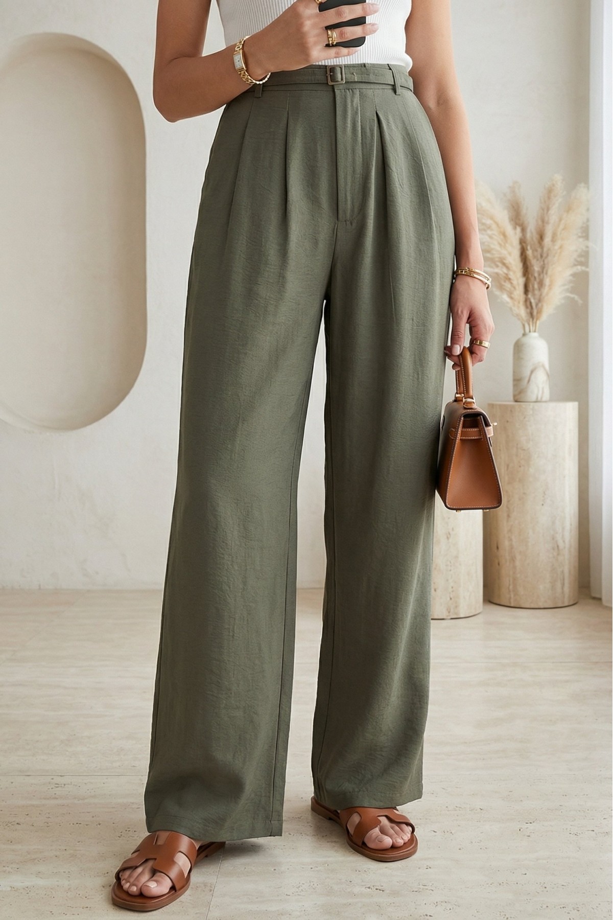 Beli Lastikli Kemer Detaylı Tensel Cupra Pantolon  -Kamuflaj