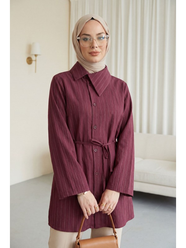 Yandan Yakalı Boydan Düğmeli Çizgili Bağcıklı Krinkıl Gömlek -Mürdüm