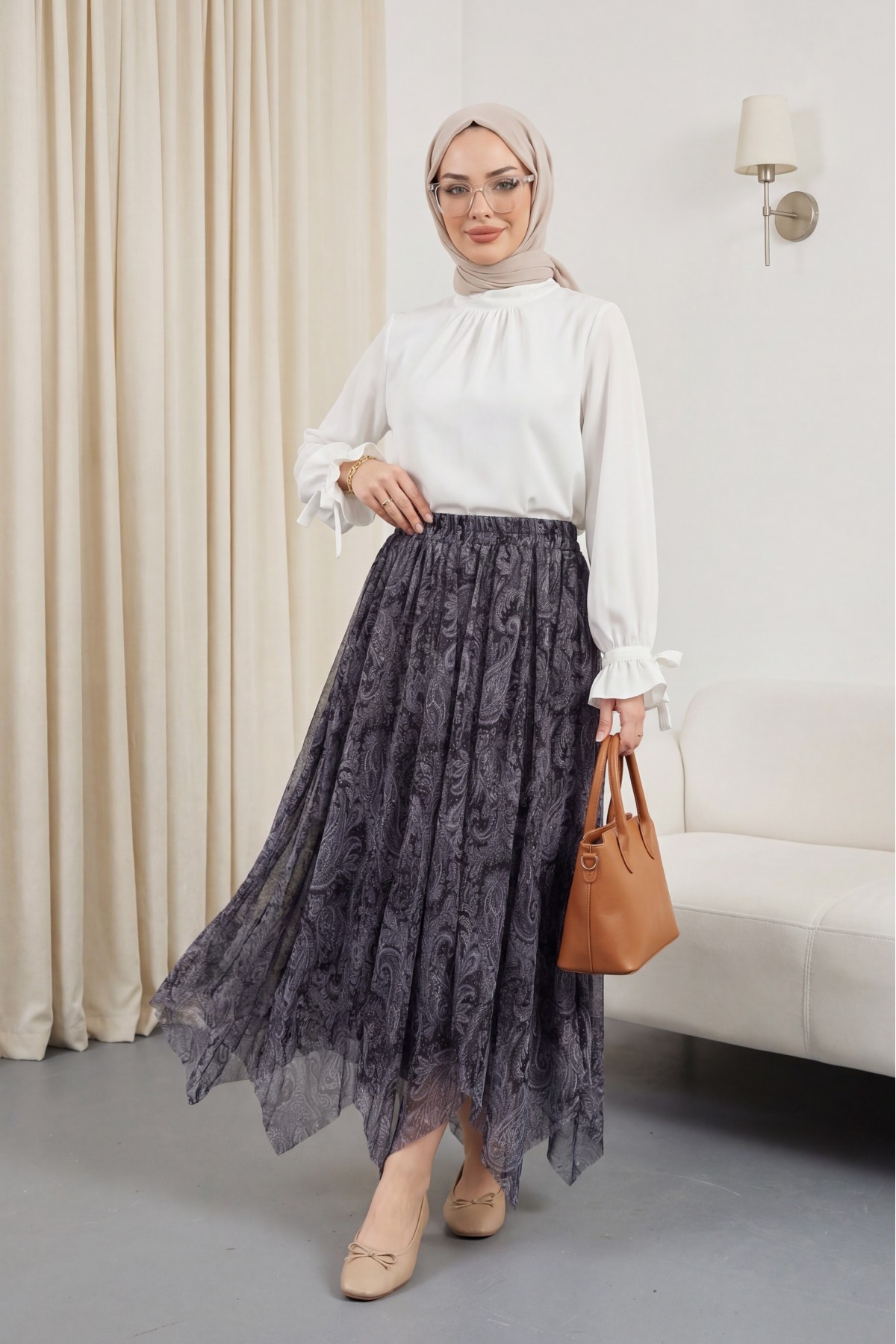 Beli Lastikli Desenli Astarlı Şifon Etek  -Gri