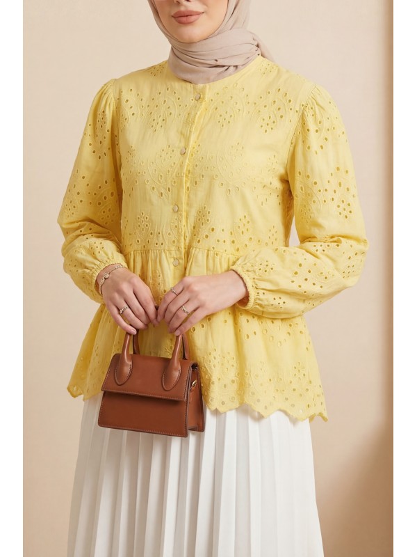Kolu Lastikli Ajurlu Düğmeli Astarlı Gömlek  -Sarı