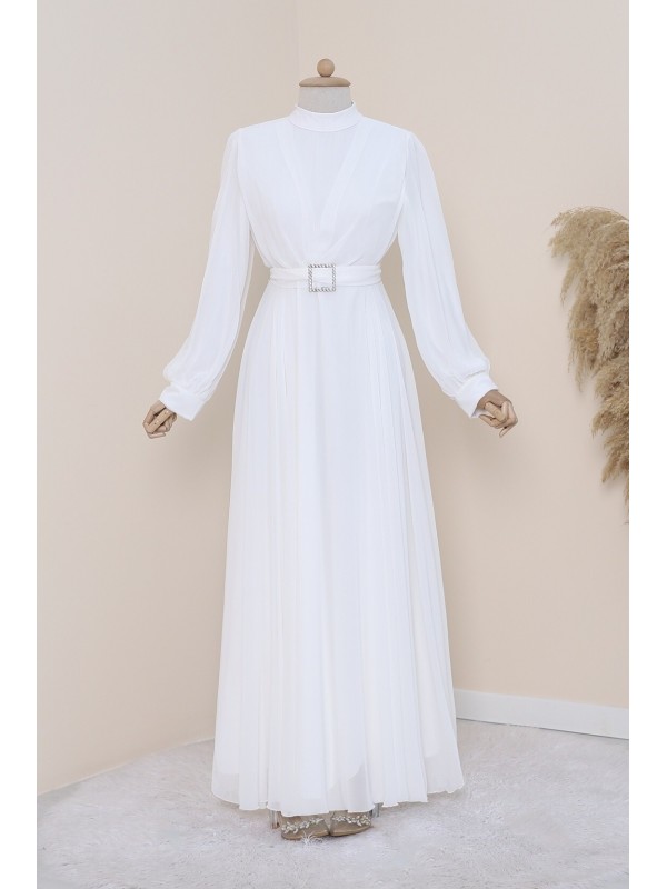 Kemeri Taşlı Önü Pileli Tesettür Elbise   -Beyaz