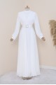 Kemeri Taşlı Önü Pileli Tesettür Elbise   -Beyaz