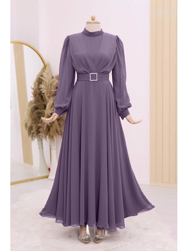 Kemeri Taşlı Önü Pileli Tesettür Elbise   -Vişne