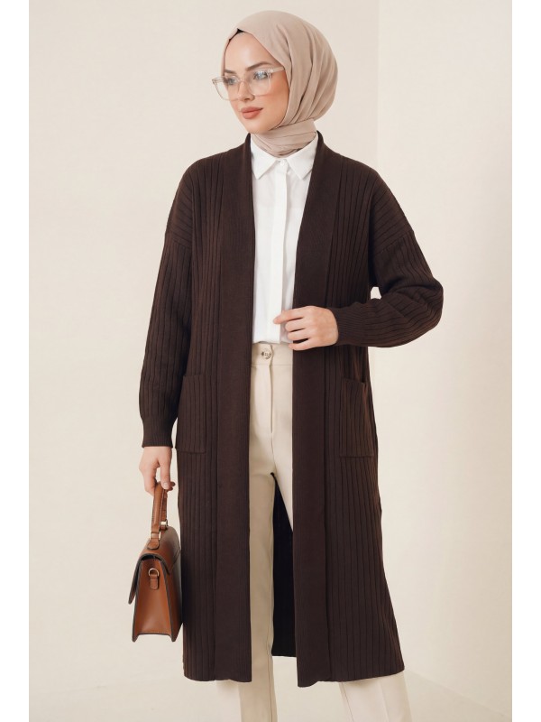 Kolu Düğme Detaylı Fitilli Uzun Triko Hırka -Kahve