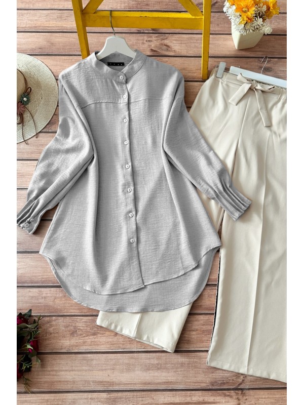 Kol Manşeti Drapeli Oval Kesim Gömlek  -Gri