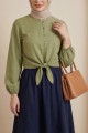 Eteği Bağlamalı Beli Ve Kolu Lastikli Düğmeli Modal Gömlek  -Zeytin