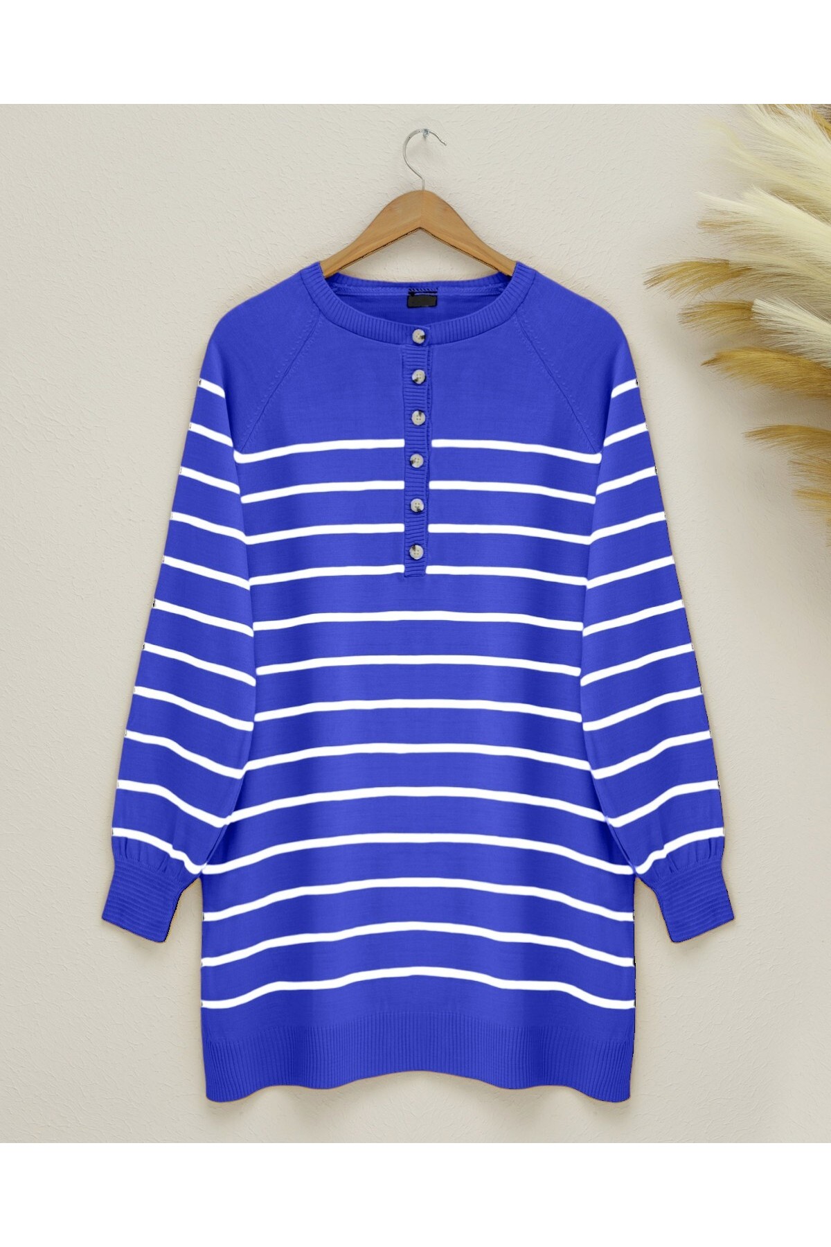 Yarım Düğmeli Yırtmaçlı Triko Tunik -Saks