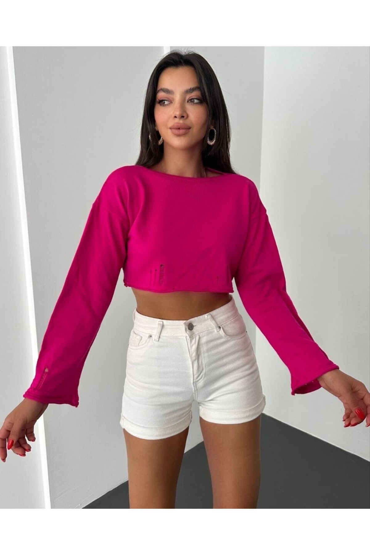 Kayık Yaka Triko Crop -Fuşya