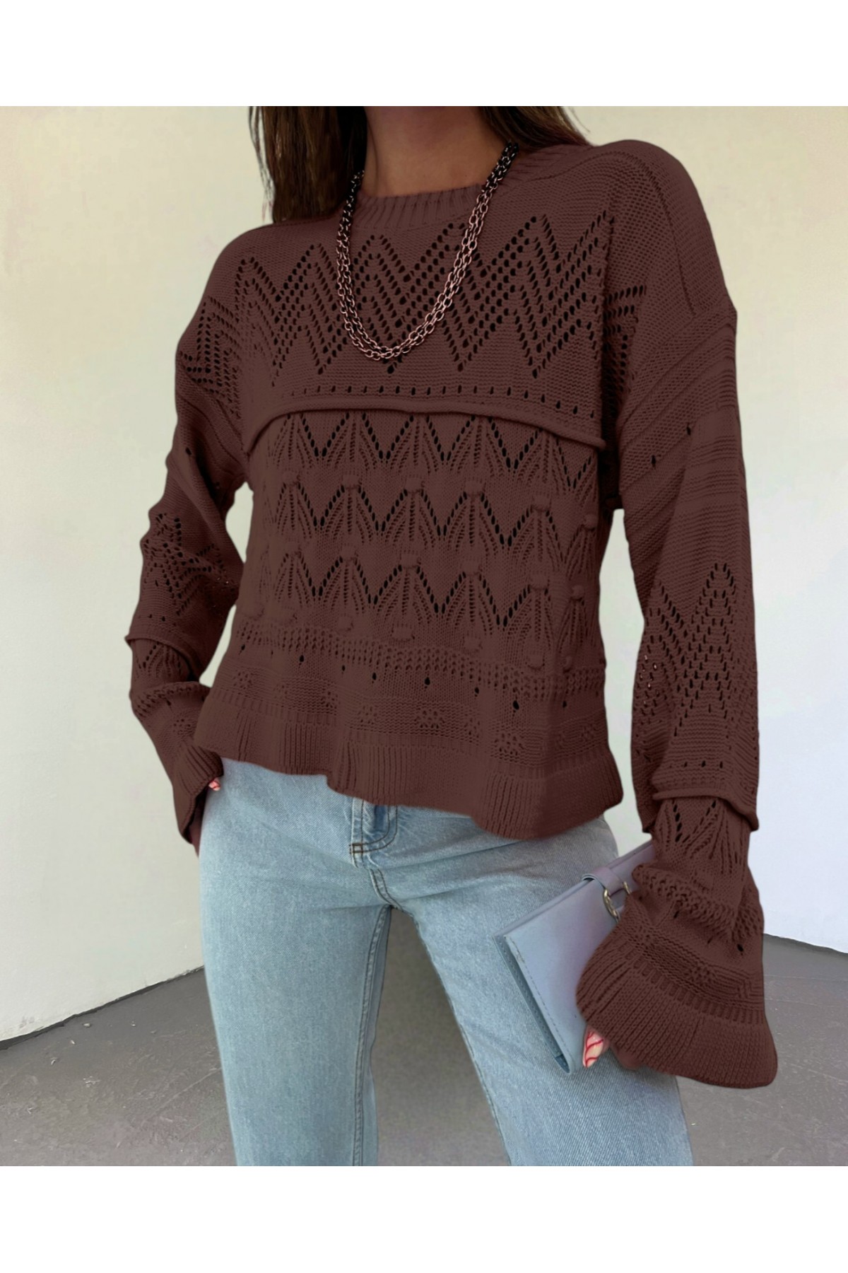 Ajurlu Ponponlu Uzun Kol Triko Kazak -Kahve