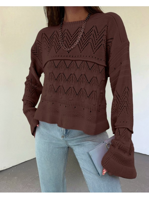 Ajurlu Ponponlu Uzun Kol Triko Kazak -Kahve