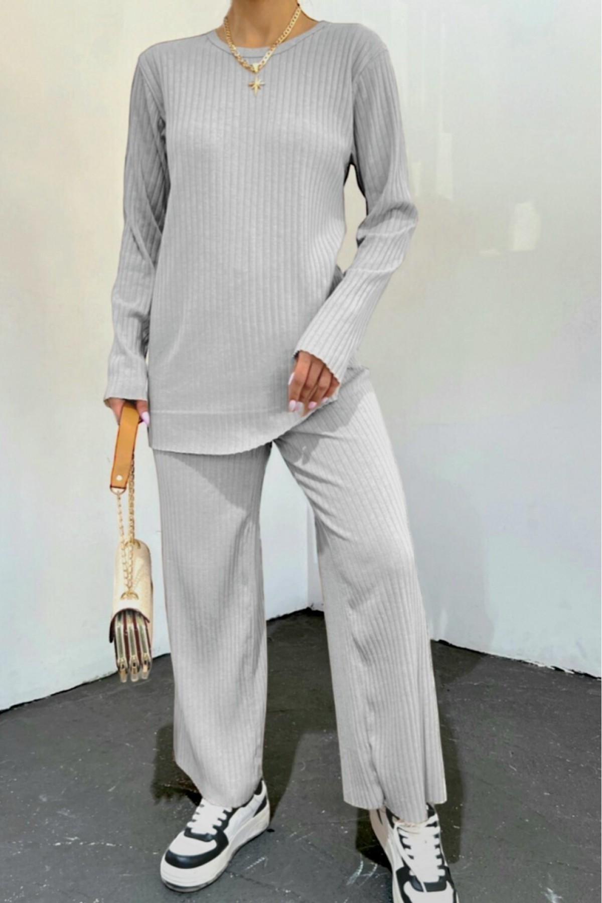 Bisiklet Yaka Kaşkorse Takım    -Açık Gri