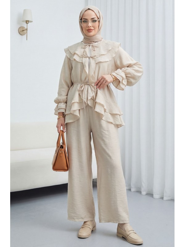Önü Bağcıklı Kat Yakalı Kolu Lastikli Pantolonu Astarlı Cupra Takım  -Taş