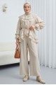 Önü Bağcıklı Kat Yakalı Kolu Lastikli Pantolonu Astarlı Cupra Takım  -Taş