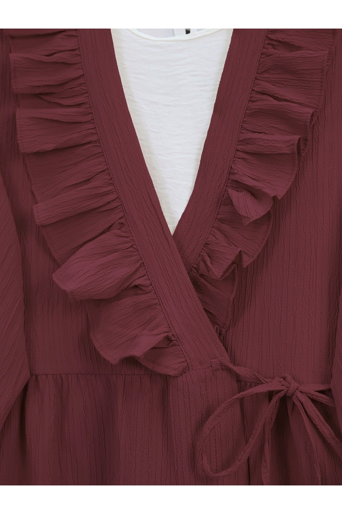 Önü Fırfırlı Bağlamalı Krinkıl Kimono -Bordo