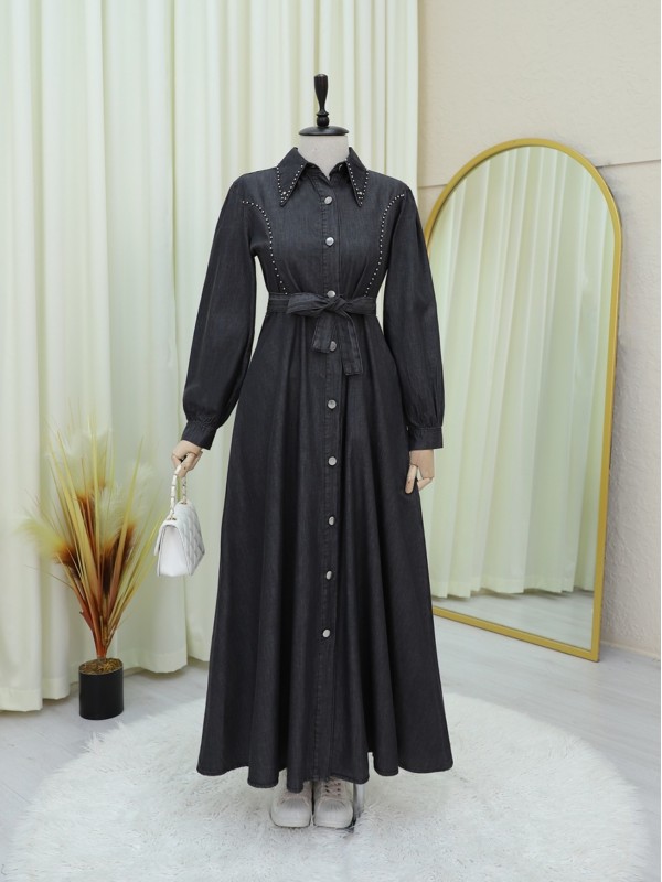 Belden Bağlamalı Önü Düğmeli Boncuklu Kot Elbise -Antrasit