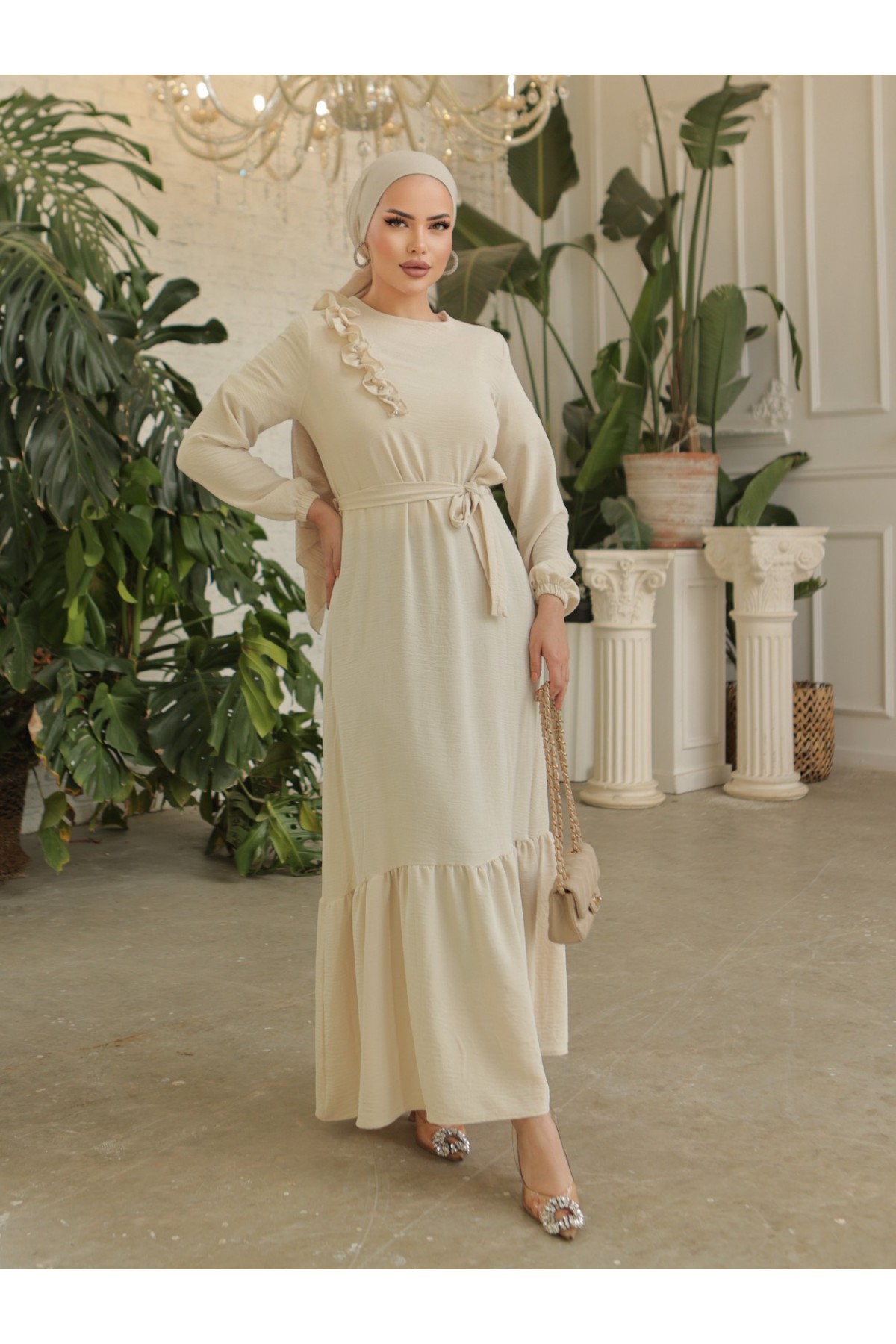 Fırfır Taş Detaylı Parça Eteklii Kemerli Ayrobin Elbise -Ekru