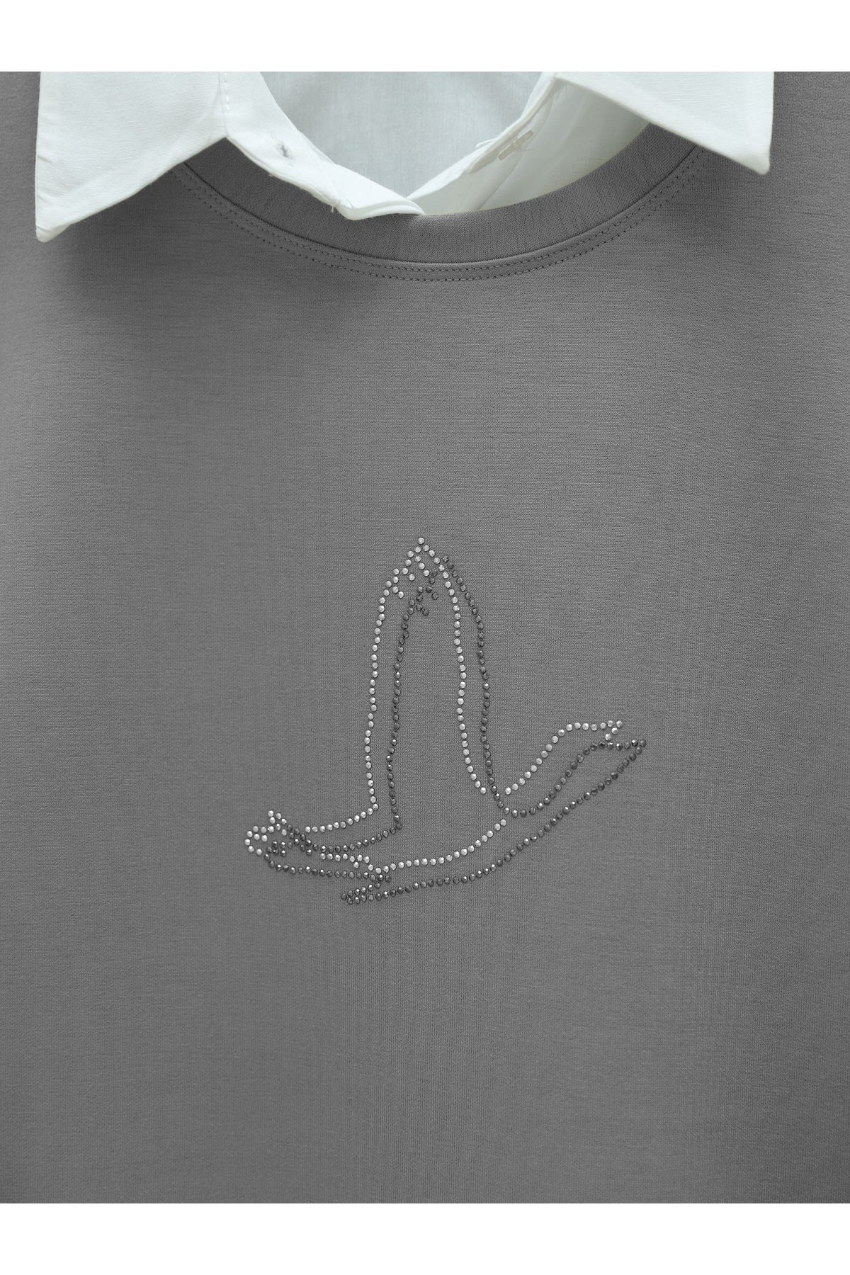 Kuş Desenli Taşlı Oysho Tunik  -Açık Gri