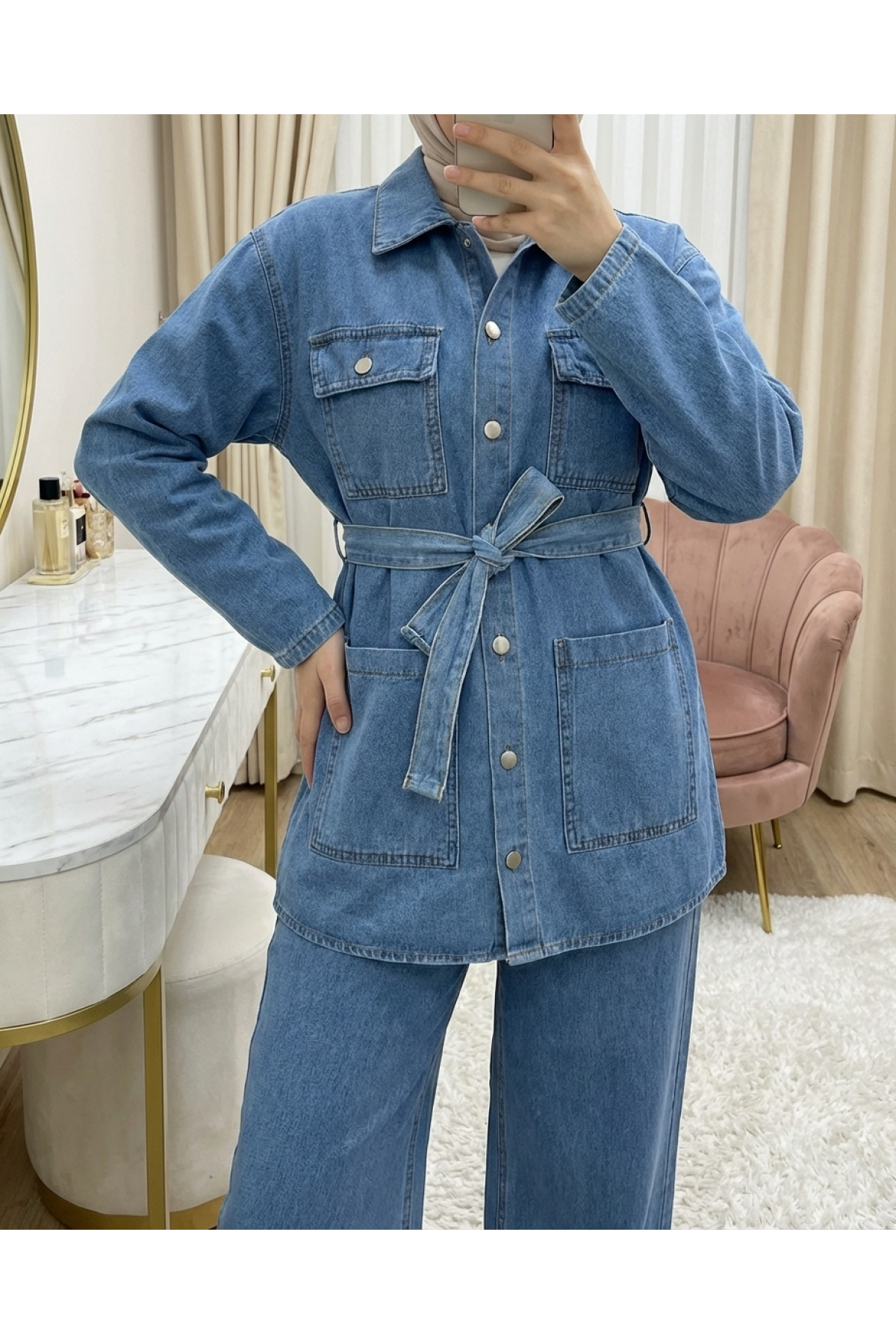 Beli Kemerli Cepli Önü Düğmeli Kot Takım  -Buz Mavi