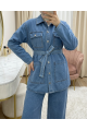 Beli Kemerli Cepli Önü Düğmeli Kot Takım  -Buz Mavi