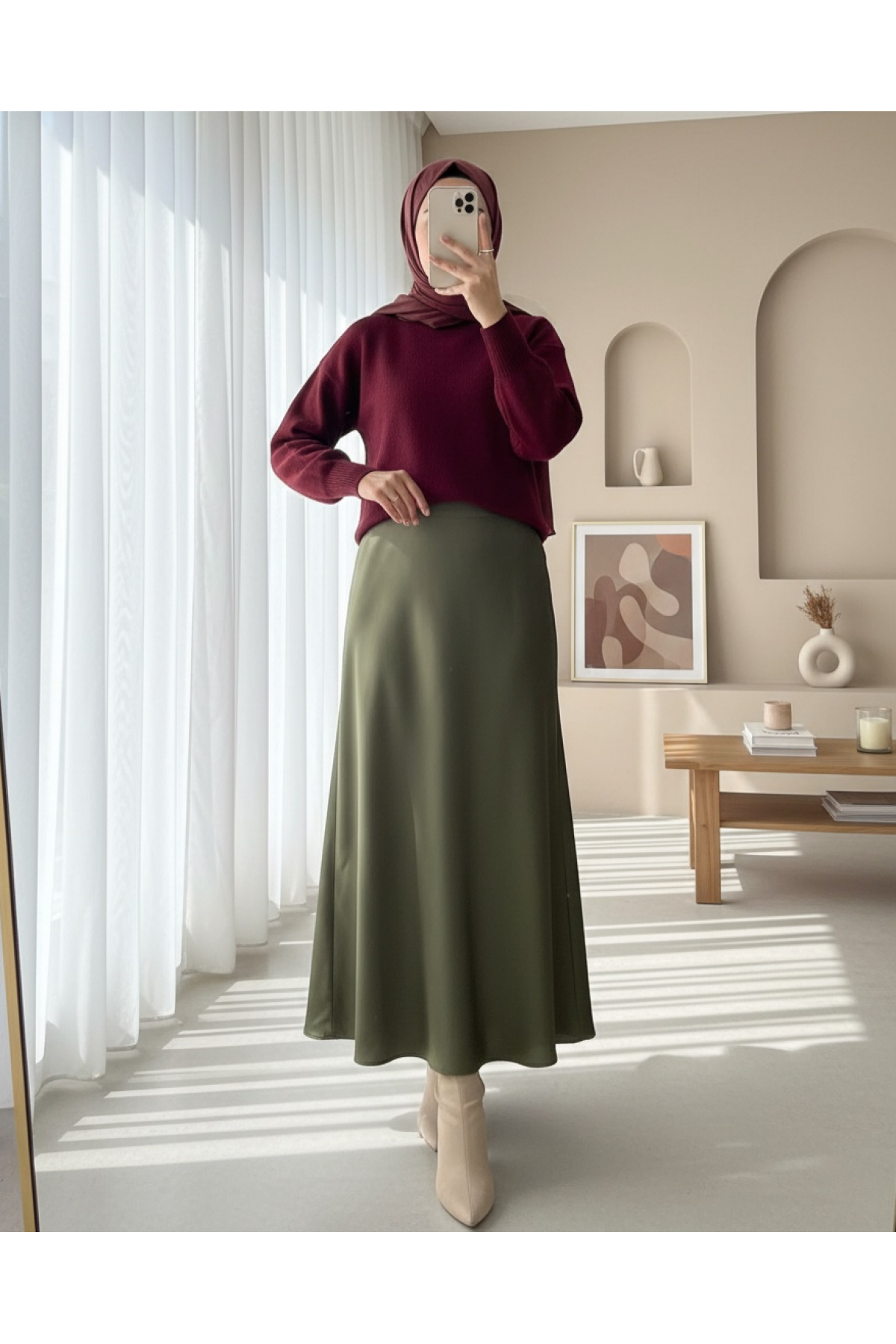 Beli Lastikli Saten Etek -Haki