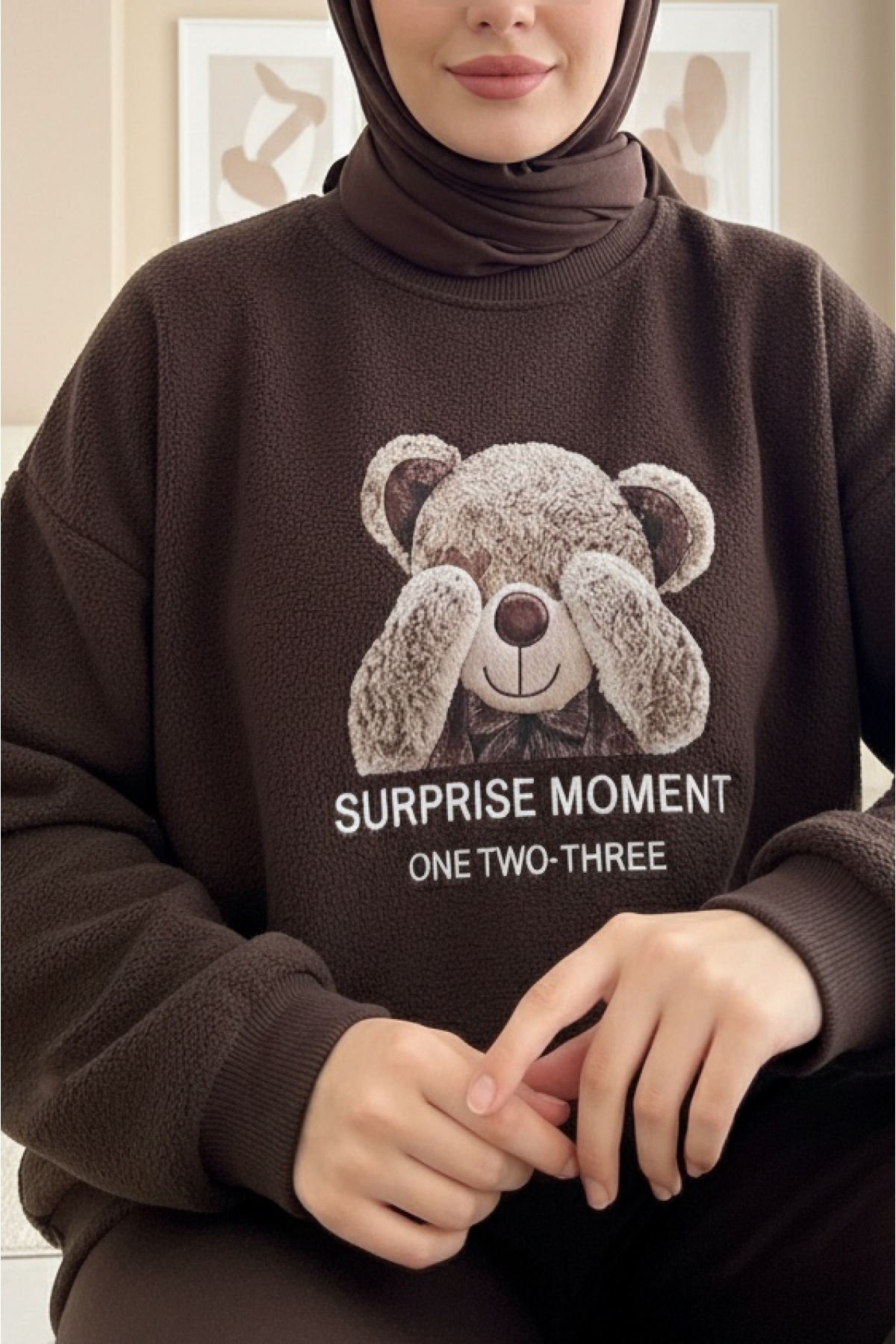 Ayıcık Baskılı Şardonlu 3 İplik Sweat Takım  -K. Kahve