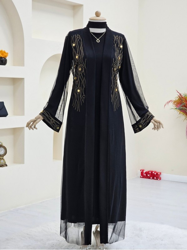 Önü Ve Manşeti Taşlı Abaya  -Bakır