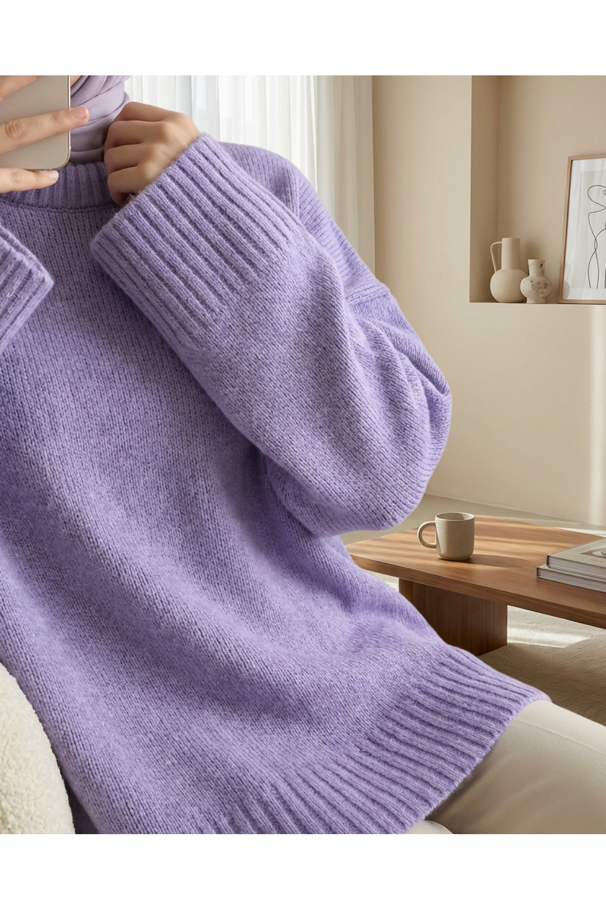 Bisiklet Yaka Eteği Fitilli Salaş Triko Kazak            -Lila