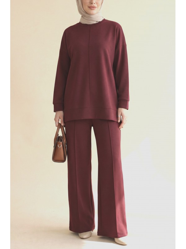Yuvarlak Yaka Çimalı Oyşo İkili Takım -Bordo
