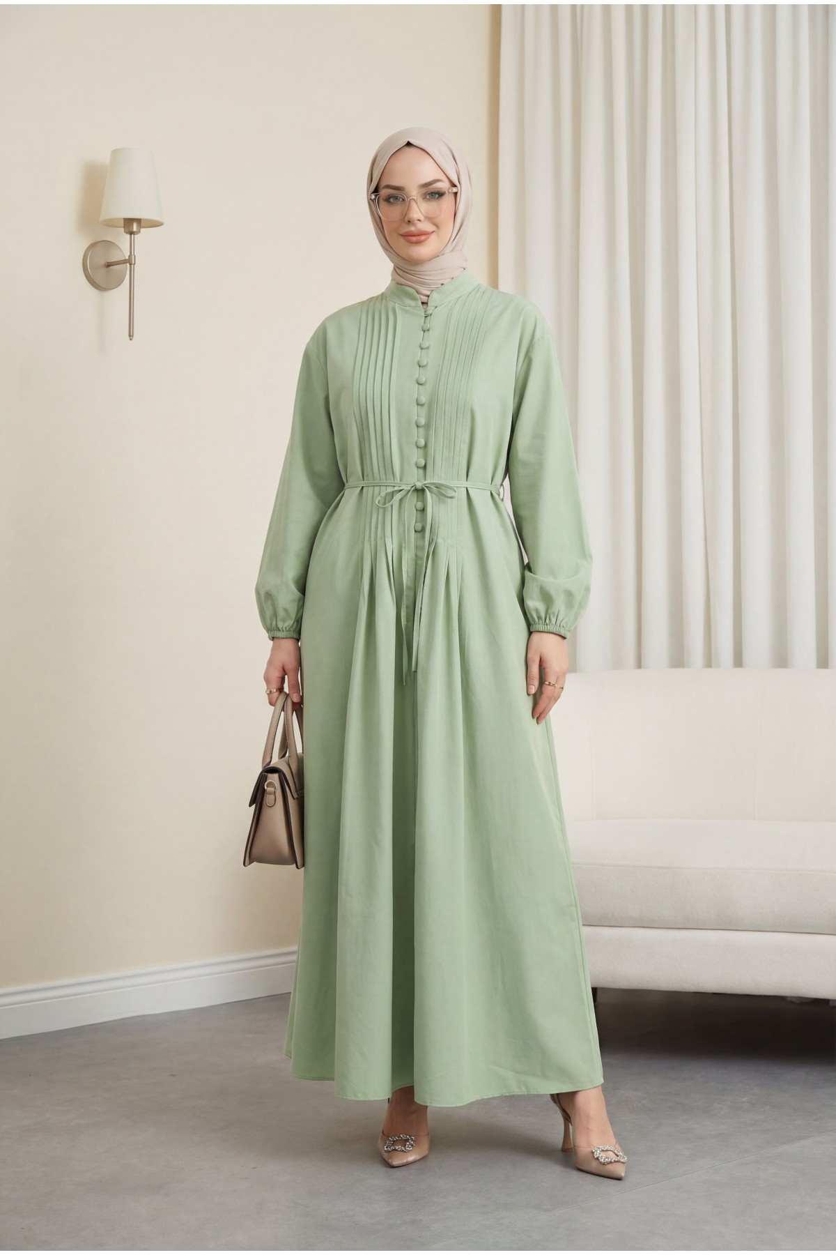 Önü Nervürlü Yarım Düğmeli Poplin Elbise -A.Yeşil
