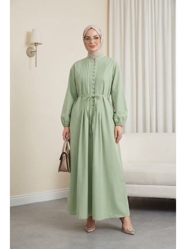 Önü Nervürlü Yarım Düğmeli Poplin Elbise -A.Yeşil