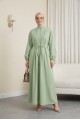 Önü Nervürlü Yarım Düğmeli Poplin Elbise -A.Yeşil